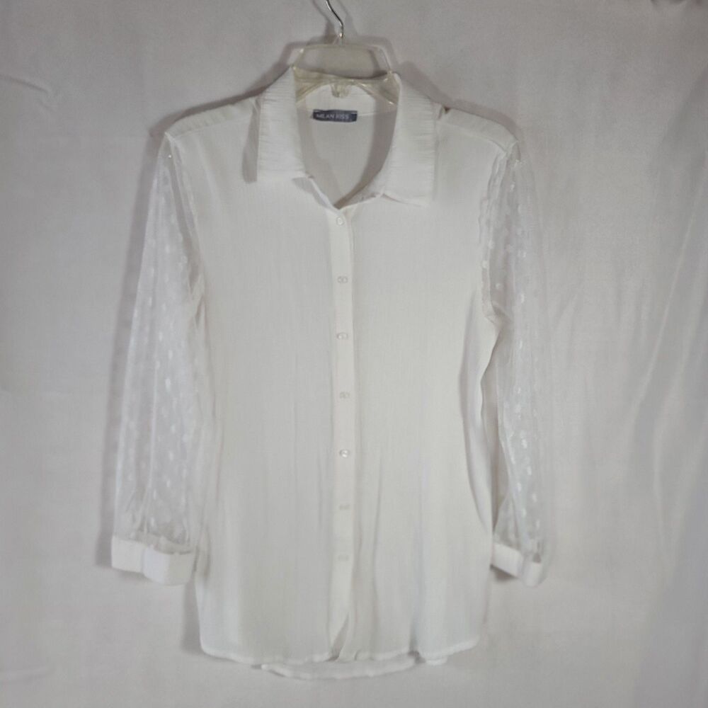 Milan Kiss White Textured Button Down Blouse Sheer Swiss Dot Puff Long Sleeves L